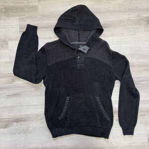 RETRO FIT Button Front Black & Gray Hooded Pullover Sweater Men's Size Medium